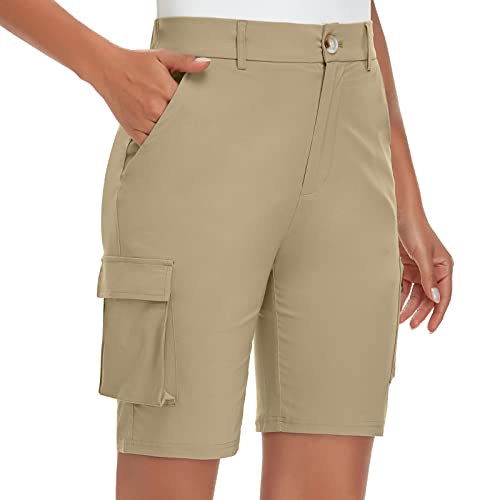 Soneven Freizeithose Damen Shorts Bermuda Kurze Hose Khaki Leicht mit Knopfleiste, Elastisch Bund, Verfügbare Gürtel(Khaki,S) von Soneven