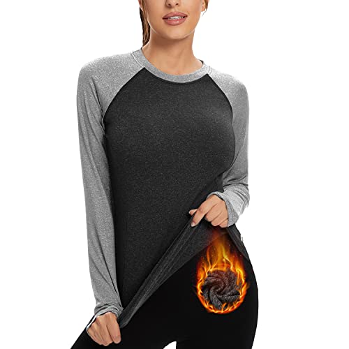 Soneven Funktionsshirt Damen Langarm Laufshirt，Sport Shirt Fleece Thermo-Laufshirt Sweatshirts mit Daumenlöche Atmungsaktive Shirt Running Longsleeve Sportoberteile Kontrastgrau XL von Soneven