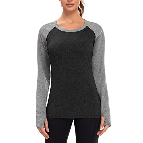 Soneven Funktionsshirt Damen Langarm Laufshirt Sportshirt mit Fleece Thermo Langarmshirt Winter Obteil für Sport Baselayer,Schwarzgrau,M von Soneven