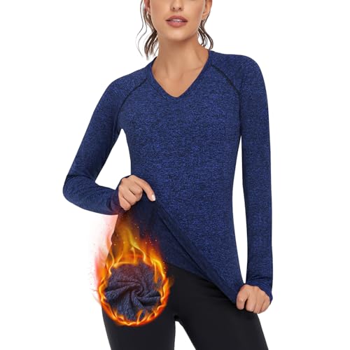 Soneven Funktionsshirt Damen Langarm Winter Fleece Thermo Laufshirt Sportshirt Damen Langarm Warmer Pullover V Ausschnitt Herbst Thermoshirt Langarmshirts mit Daumenlöche V-Blau L von Soneven