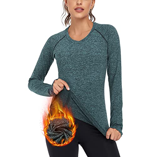 Soneven Funktionsshirt Damen Langarm Winter Fleece Thermo Laufshirt Sportshirt Damen Langarm Warmer Pullover V Ausschnitt Herbst Thermoshirt Langarmshirts mit Daumenlöche VI-Grün XS von Soneven