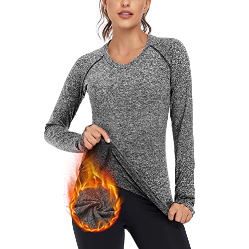 Soneven Funktionsshirt Damen Langarm Winter Fleece Thermo Laufshirt Sportshirt Damen Langarm Warmer Pullover V Ausschnitt Herbst Thermoshirt Langarmshirts mit Daumenlöche VI-Schwarz XL von Soneven