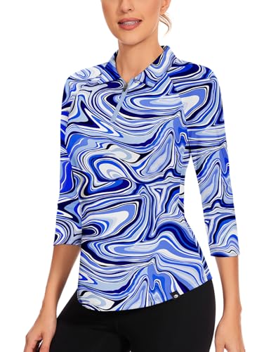 Soneven Golf Polo Shirt Damen 3/4 Ärmel Bluse Zip up Golf Polo Oberteil Langarm Sommer Funktionsshirt Damen Wandershirt Atmungsaktiv Blaue Wellen M von Soneven