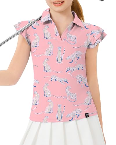 Soneven Golf Polo Sport Shirt Kinder Tops Teenager Mädchen T-Shirt Bluse Rüschen Ärmel Klamotten Sommer V Ausschnitt 158 164 Leopard Rosa XL von Soneven