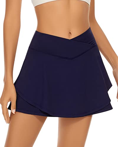 Soneven Hosenrock Damen Kurz Pleated Tennisrock Damen mit Hose Wanderrock Damen Sommer Sport Rock mit Taschen Mini Rock Ruffles Blau L von Soneven