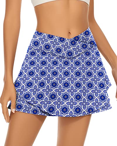 Soneven Hosenrock Damen Kurz Pleated Tennisrock Damen mit Hose Wanderrock Damen Sommer Sport Rock mit Taschen Mini Rock Ruffles Blauer Druck L von Soneven