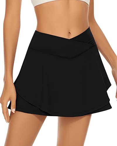 Soneven Hosenrock Damen Kurz Pleated Tennisrock Damen mit Hose Wanderrock Damen Sommer Sport Rock mit Taschen Mini Rock Ruffles Schwarz L von Soneven