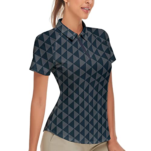 Soneven Karierte Bluse Poloshirt Damen Grau Kurzarm 1/4 Reißverschluss Atmungsaktiv Schnelltrocknend für Golf Tennis Freizeit von Soneven