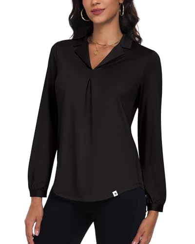 Soneven Bluse Damen Elegant Langarm Poloshirt Damen Oberteil, V-Ausschnitt Hemdbluse Blusenshirt Plissee Golf Poloshirt Casual Business Tunika Shirt Schwarz S von Soneven