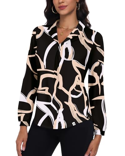 Soneven Langarm Bluse Damen Elegant Oberteil, V-Ausschnitt Hemdbluse Damen Blusenshirt Plissee Golf Poloshirt Business Blusen Casual Tunika Shirt Weißer Musterdruck M von Soneven