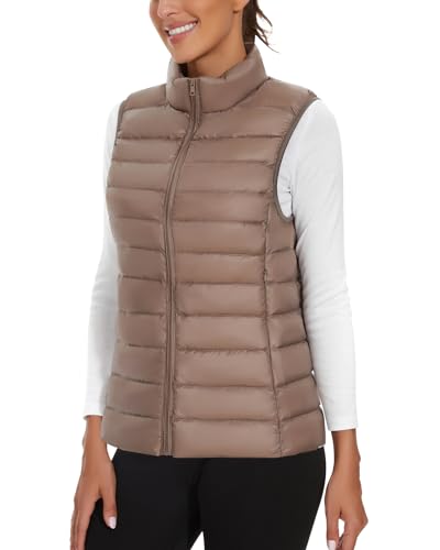 Soneven Leichte Steppweste Damen Daunenweste Thermo Puffer Weste Kurz Warm Ärmellos Jacke mit Stehkragen Reissverschluss Taschen, Verstaubar[Hellbraun, L] von Soneven