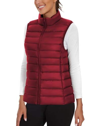 Soneven Leichte Steppweste Damen Daunenweste Thermo Puffer Weste Kurz Warm Ärmellos Jacke mit Stehkragen Reissverschluss Taschen, Verstaubar[Rotwein, S] von Soneven