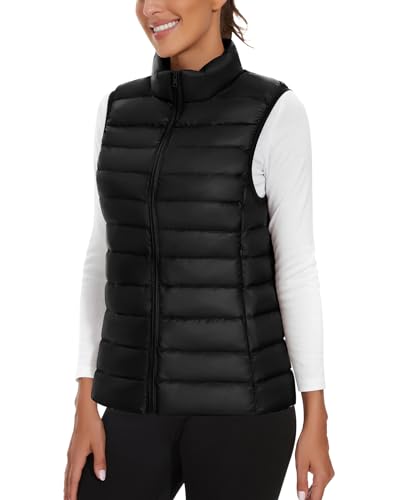 Soneven Leichte Steppweste Damen Daunenweste Thermo Puffer Weste Kurz Warm Ärmellos Jacke mit Stehkragen Reissverschluss Taschen, Verstaubar[Schwarz, XL] von Soneven