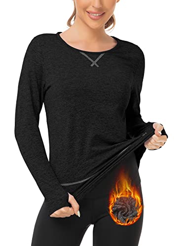 Soneven Longsleeve Damen Thermo Unterhemd Longshirt Damen Langarm Fleece Pullover Damen Winter Warm Basic Langarmshirt für Damen Funktionsshirt mit Daumenlöcher V-Schwarz S von Soneven