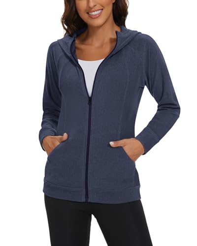 Soneven Outdoor Fleecejacke Damen mit Kapuze Warm Sweatjacke Damen Kapuzenjacke Damen Winter Laufjacke Leicht Sport Full Zip Hoodie für Herbst Winter Blau S von Soneven