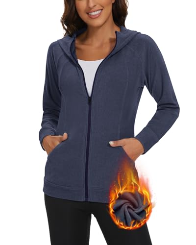 Soneven Outdoor Fleecejacke Damen mit Kapuze Warm Sweatjacke Damen Kapuzenjacke Damen Winter Laufjacke Leicht Sport Full Zip Hoodie für Herbst Winter Blau XL von Soneven