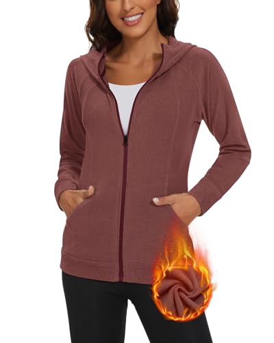 Soneven Outdoor Fleecejacke Damen mit Kapuze Warm Sweatjacke Damen Kapuzenjacke Damen Winter Laufjacke Leicht Sport Full Zip Hoodie für Herbst Winter Rosa L von Soneven