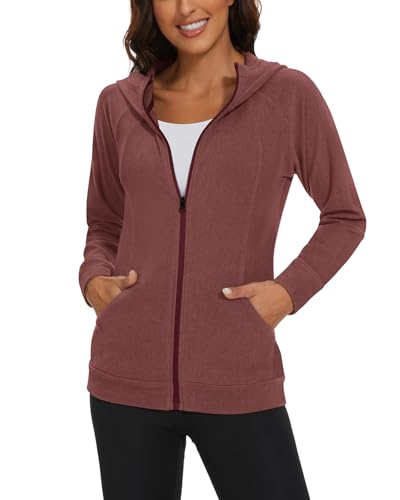Soneven Outdoor Fleecejacke Damen mit Kapuze Warm Sweatjacke Damen Kapuzenjacke Damen Winter Laufjacke Leicht Sport Full Zip Hoodie für Herbst Winter Rosa S von Soneven