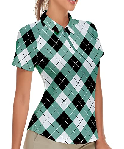 Soneven Poloshirts Damen Kurzarm Golf Shirt 1/4 Reissverschlus Sportshirt Damen Kurzarm Wandershirt Atmungsaktiv Laufshirt für Tennis Fitness Trainning Grün L von Soneven