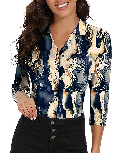 Soneven Poloshirt Damen Langarm 3/4 Arm Golf Polo Oberteil Bluse Damen Sommer Elegant Blusenshirt mit V-Ausschnitt Business Hemdbluse Casual T-Shirt Crack-Druck L von Soneven