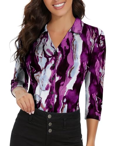 Soneven Poloshirt Damen Langarm 3/4 Arm Golf Polo Oberteil Bluse Damen Sommer Elegant Blusenshirt Damen mit V-Ausschnitt Business Hemdbluse Casual T-Shirt Lila Crack-Druck L von Soneven