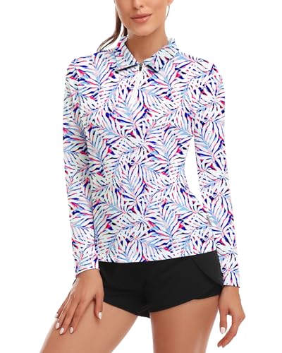 Soneven Poloshirt Damen Langarm Sportshirt Atmungsaktiv Laufshirt Langarm Funktionsshirt 1/4 Reißverschluss Langarmshirt Damen A-Weißer Druck M von Soneven