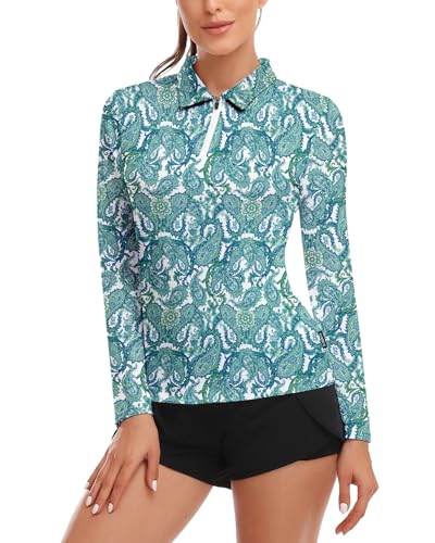 Soneven Poloshirt Damen Langarm Sportshirt Atmungsaktiv Laufshirt Langarm Funktionsshirt 1/4 Reißverschluss Langarmshirt Damen Grüner Druck XL von Soneven