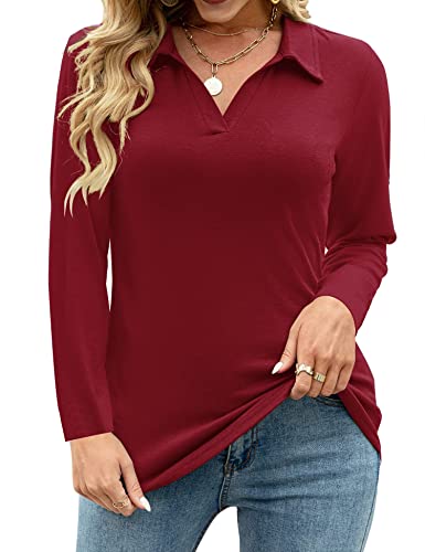 Soneven Poloshirt Damen Langarm elegant Bluse Shirts Oberteile Work Langarmshirt v-Ausschnitt,Rot,S von Soneven