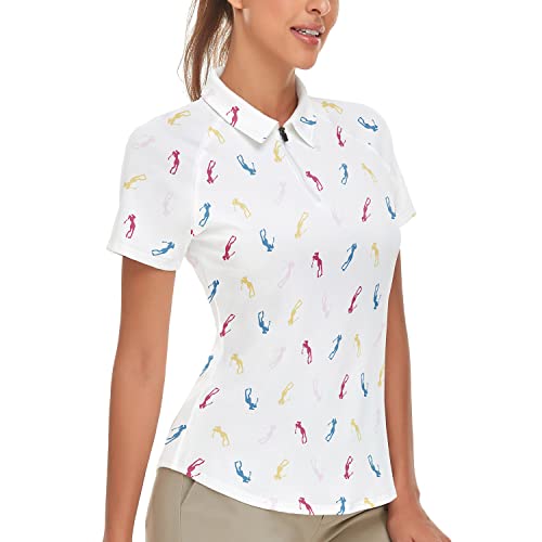 Soneven Poloshirt Damen Weiss Kurzarm Atmungsaktiv Slim Fit Polo UPF 50+ 1/4 Reißverschluss für Golf Outdoor Sport Sommer Tennis(weißer Druck, L) von Soneven