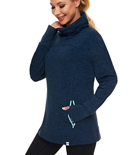 Soneven Rollkragen Pullover Damen Funktionsshirt Damen Langarm Laufshirt Fleece Thermo Sweatshirts mit Tasche Wandershirt Atmungsaktive Running Sportoberteile Hochkragen Blau XXL von Soneven