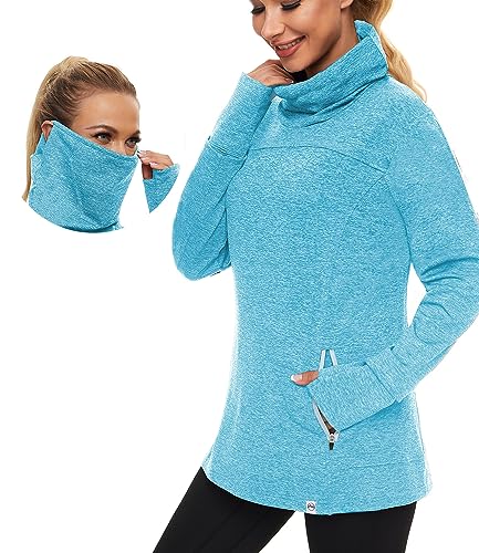 Soneven Rollkragen Pullover Damen Funktionsshirt Damen Langarm Laufshirt Fleece Thermo Sweatshirts mit Tasche Wandershirt Atmungsaktive Running Sportoberteile Hochkragen Hell Blau von Soneven