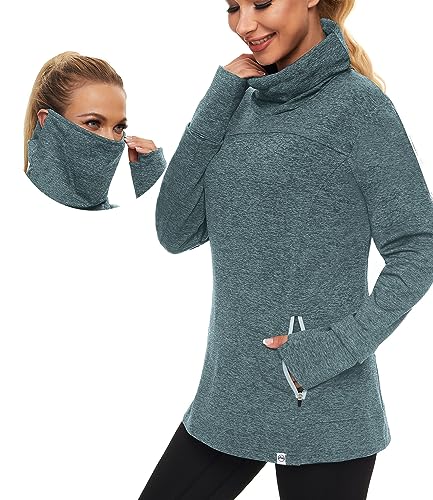 Soneven Rollkragen Pullover Damen Funktionsshirt Damen Langarm Laufshirt Fleece Thermo Sweatshirts mit Tasche Wandershirt Atmungsaktive Running Sportoberteile Hochkragen Hell Grün von Soneven