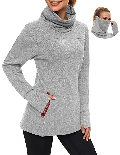 Soneven Rollkragen Pullover Damen Sweatshirt Damen Ohne Kapuze mit Taschen Funktionsshirt Langarm Sweatshirt Pulli Fleecepullover Hochkragen Sweatjacke Winter Grau L von Soneven