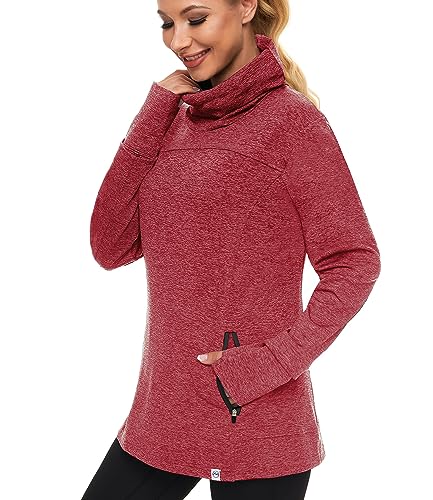 Soneven Rollkragen Pullover Damen Sweatshirt Damen Ohne Kapuze mit Taschen Funktionsshirt Langarm Sweatshirt Pulli Fleecepullover Hochkragen Sweatjacke Winter Hell Rot XS von Soneven