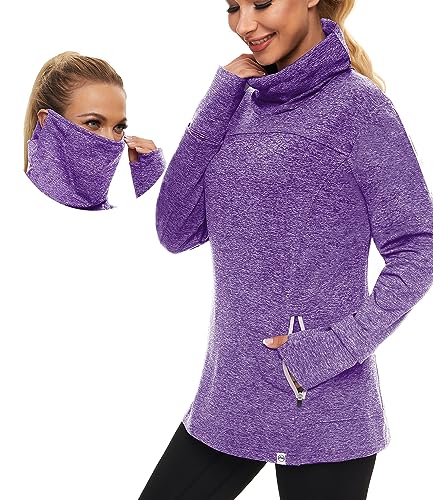 Soneven Rollkragen Pullover Damen Sweatshirt Damen Ohne Kapuze mit Taschen Funktionsshirt Langarm Sweatshirt Pulli Fleecepullover Hochkragen Sweatjacke Winter Lila von Soneven