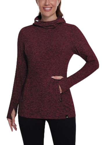 Soneven Rollkragen Pullover Damen Winter Kapuzenpullover Warm Fleece Pulli für Damen Sweatshirt Damen mit Kapuze Funktionsshirt mit Taschen Rot M von Soneven