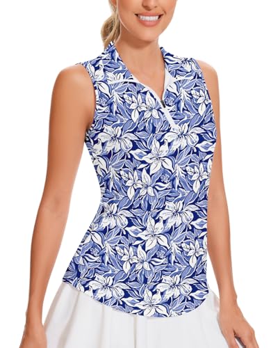 Soneven Sport Poloshirt Damen Atmungsaktiv Ärmellos Golf Shirt Funktionsshirt Polohemd Tank Top mit Reißverschluss Sommer Outdoor Tennis(Blau Geblümt,L) von Soneven