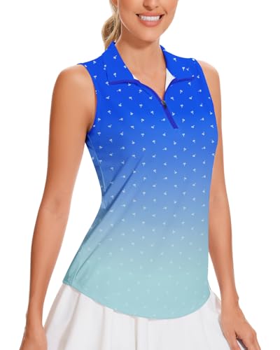 Soneven Sport Poloshirt Damen Atmungsaktiv Ärmellos Golf Shirt Funktionsshirt Polohemd Tank Top mit Reißverschluss Sommer Outdoor Tennis(Farbverlauf Blau,M) von Soneven