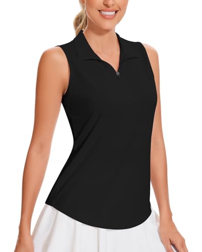 Soneven Sport Poloshirt Damen Atmungsaktiv Ärmellos Golf Shirt Funktionsshirt Polohemd Tank Top mit Reißverschluss Sommer Outdoor Tennis(Schwarz,S) von Soneven