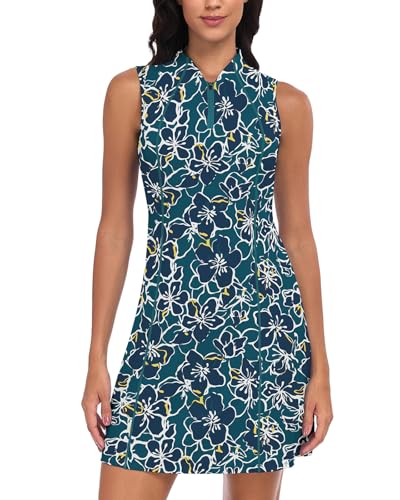 Soneven Sportkleider Damen Sommer Freizeitkleider Kurz Ärmellos Tankkleid Tennis Kleider mit 1/4 Reißverschluss & Taschen für Golf, Alltag, Lässige(Grüne Blumen,L) von Soneven