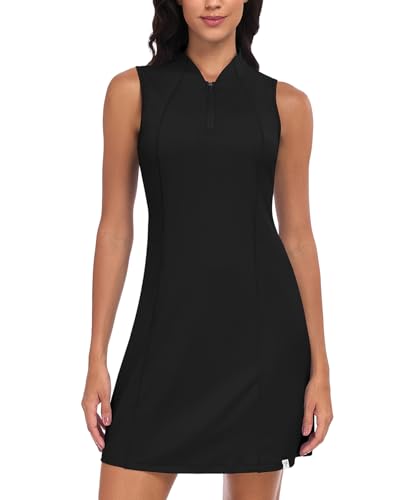 Soneven Sportkleider Damen Sommer Freizeitkleider Kurz Ärmellos Tankkleid Tennis Kleider mit 1/4 Reißverschluss & Taschen für Golf, Alltag, Lässige(Schwarz,M) von Soneven