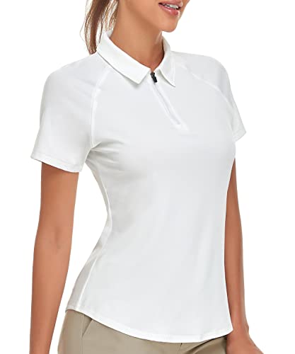 Soneven Sportshirt Damen Kurzarm Poloshirt für Damen mit 1/4 Reißverschluss Sport Tshirts Damen Schnelltrocknend Atmungsaktiv Polohemd für Golf Tennis Fitness Trainning Laufen (Weiß, L) von Soneven