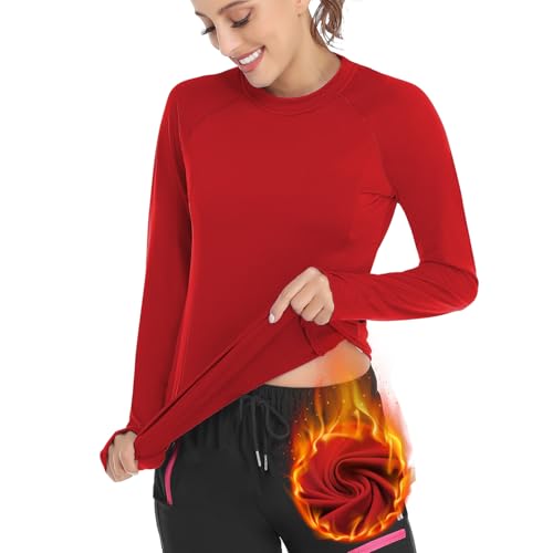 Soneven Sportshirt Damen Langarm Atmungsaktiv Funktionsshirt Damen Langarm Laufshirt Fleece Thermo Laufshirt Langarmshirts Pullover mit Daumenlöche Running Longsleeve Herbst Reines Rot XS von Soneven