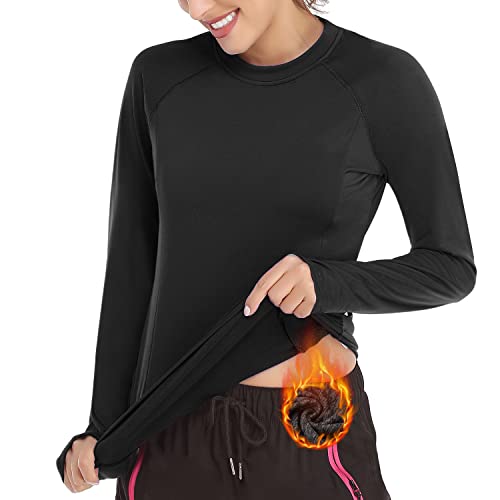 Soneven Sportshirt Damen Langarm Atmungsaktiv Funktionsshirt Damen Langarm Laufshirt Fleece Thermo Laufshirt Langarmshirts Pullover mit Daumenlöche Running Longsleeve Herbst Reines Schwarz XS von Soneven