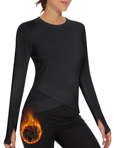 Soneven Thermo Funktionsshirt Damen Fleece Sportshirt Langarm Warm Sweatshirts Sport Oberteile Laufshirt Langarmshirts Kreuzsaum Mit Daumenlöcher(Schwarz, L) von Soneven