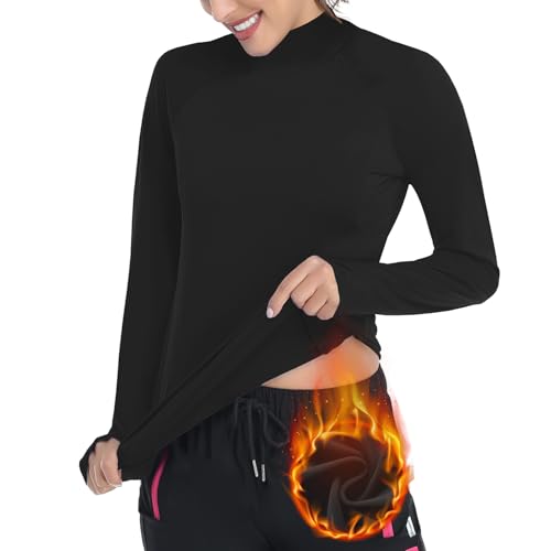 Soneven Thermoshirt Damen Langarm Winter Fleece Pullover Thermo Laufshirt Funktionsshirt Damen Langarm Winter Sportshirt Warm Langarmshirts Atmungsaktiv mit Daumenlöche B-Reines Schwarz XXL von Soneven