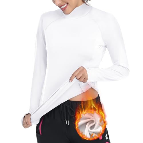 Soneven Thermoshirt Damen Langarm Winter Fleece Pullover Thermo Laufshirt Funktionsshirt Damen Langarm Winter Sportshirt Warm Langarmshirts Atmungsaktiv mit Daumenlöche B-Reines Weiß XS von Soneven