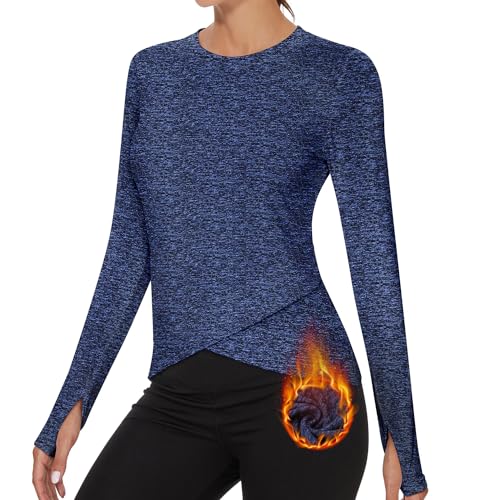 Soneven Thermoshirt Funktionsshirt Damen Langarm Wander Warm Tshirt Damen Fleece Crop Pullover Damen mit Cross Hem Laufshirt Blau M von Soneven