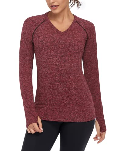 Soneven Thermoshirt Funktionsshirt Damen Langarm Winter Fleece Thermo Laufshirt Sportshirt Damen Langarm Warmer Pullover V Ausschnitt Frühling Langarmshirts Atmungsaktiv mit Daumenlöche V-Rot XS von Soneven