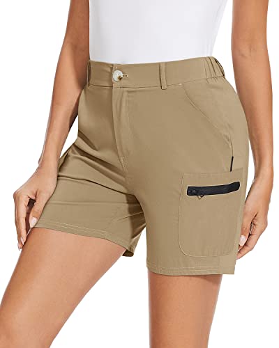 Soneven Wanderhose Damen Kurz Cargohosen 15cm Bermuda Shorts Trekkinghose Schnelltrocknend Leichte Outdoor Hose mit vielseitige Taschen für Wandern, Golf, Camping, Reisen(Khaki,L) von Soneven